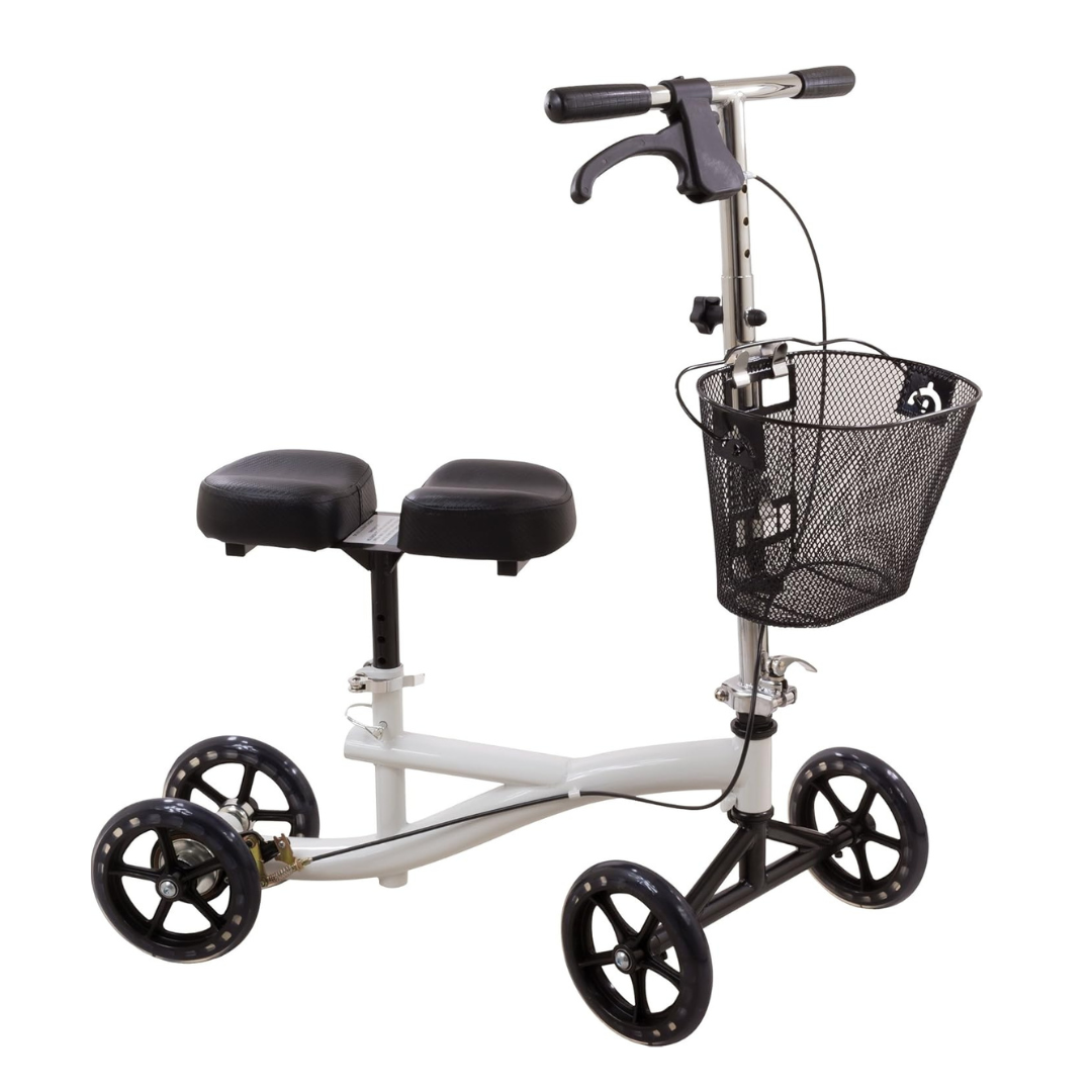 The Roscoe Portable Lightweight Rolling Knee Walker features four wheels, a padded knee rest, handlebars with brakes, and a black wire basket on a white frame—offering reliable comfort and mobility support.